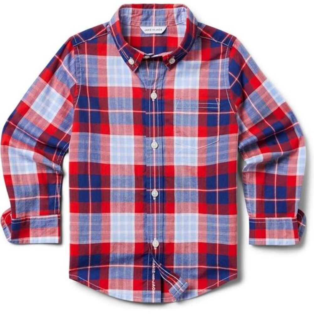 Janie‎ and Jack Plaid Button Down Shirt Boy's Red Blue Long Sleeve